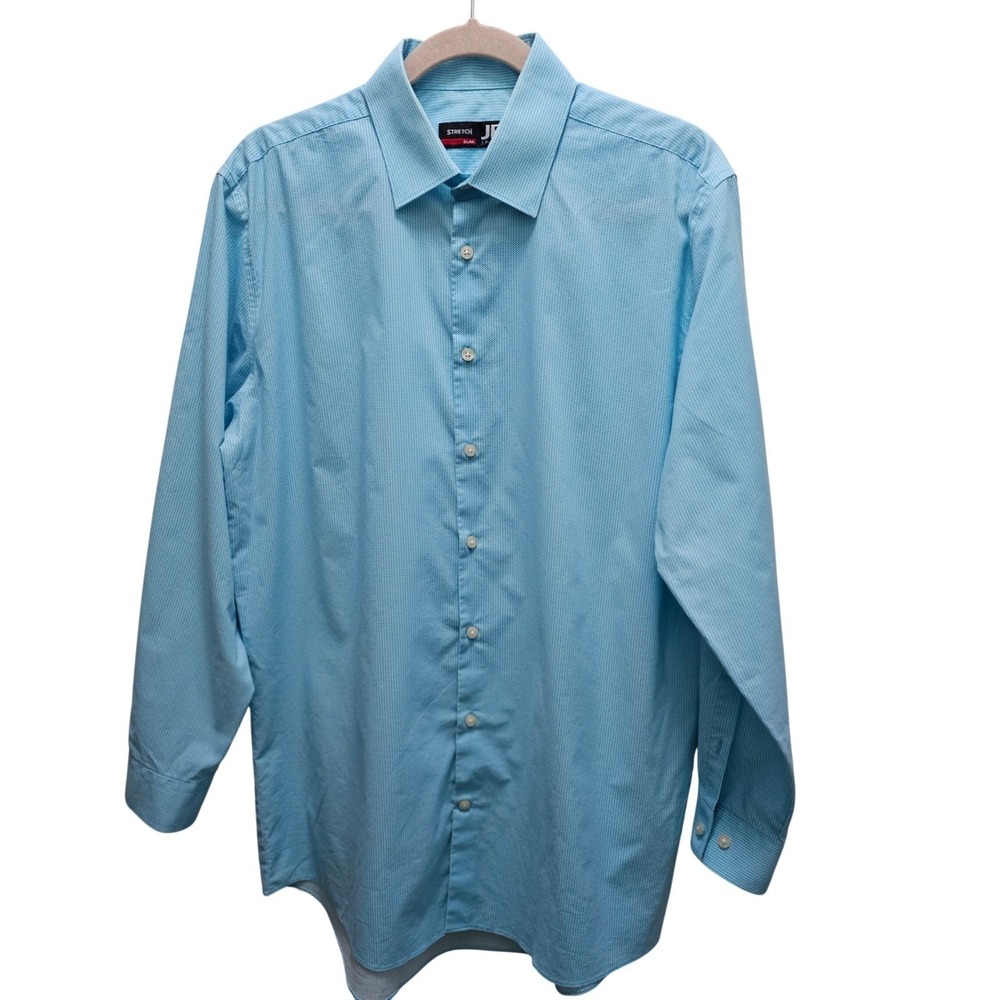 J Ferrar Stretch Slim Fit Men's Light Blue Gingham Dress Shirt L 16-16.5 32-33